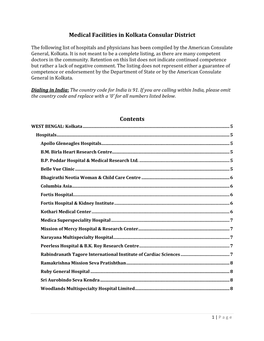 Medical Facilities in Kolkata Consular District Contents