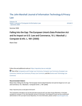 The European Union's Data Protection Act and Its Impact on U.S. Law and Commerce, 18 J