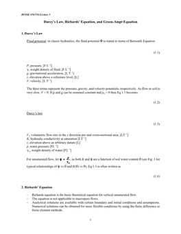 Darcy's Law, Richards' Equation, and Green-Ampt Equation