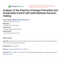 Analysis of the Practice of Dengue Prevention and Sustainable Control with Multi-Attribute Decision- Making