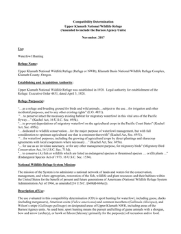 Compatibility Determination Upper Klamath National Wildlife Refuge (Amended to Include the Barnes/Agency Units)