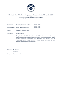 Minutes to the 13Th Ordinary Congress of the European Handball Federation (EHF) in St