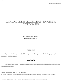 Catalogo De Los Cicadellidae (Homoptera) De Nicaragua