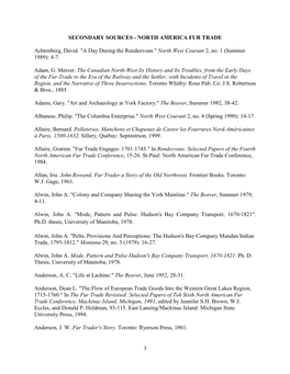 Secondary Sources - North America Fur Trade