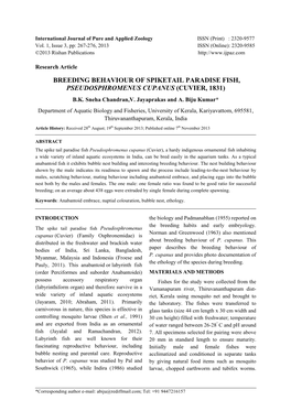 Breeding Behaviour of Spiketail Paradise Fish, Pseudosphromenus Cupanus (Cuvier, 1831) B.K