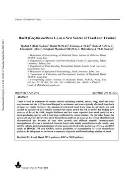 Hazel (Corylus Avellana L.) As a New Source of Taxol and Taxanes