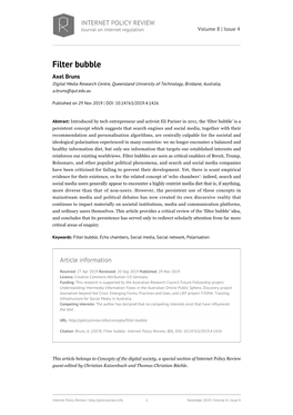 Filter Bubble Axel Bruns Digital Media Research Centre, Queensland University of Technology, Brisbane, Australia, A.Bruns@Qut.Edu.Au