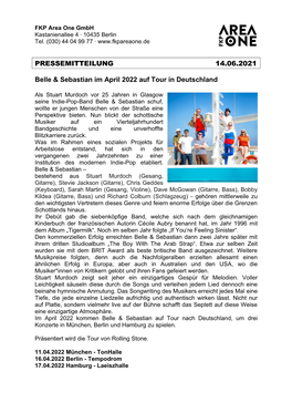 PRESSEMITTEILUNG 14.06.2021 Belle & Sebastian Im April 2022 Auf