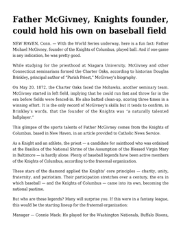 Father Mcgivney, Knights Founder, Could Hold His Own on Baseball Field