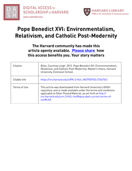 Pope Benedict XVI: Environmentalism, Relativism, and Catholic Post-Modernity