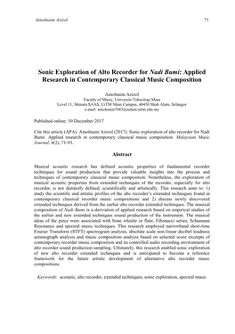 Sonic Exploration of Alto Recorder for Nadi Bumi: Applied Research in Contemporary Classical Music Composition