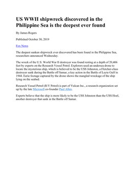 US WWII Shipwreck Discovered in the Philippine Sea Is the Deepest Ever Found
