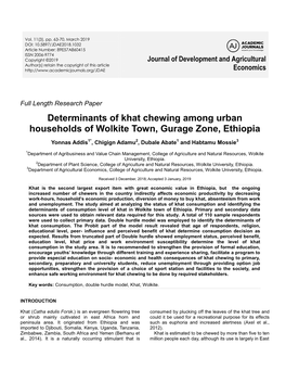 Determinants of Khat Chewing Among Urban Households of Wolkite Town, Gurage Zone, Ethiopia