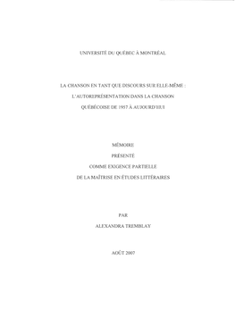 L'autoreprésentation Dans La Chanson Québécoise De 1957 À Aujourd'h