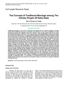 The Concept of Traditional Marriage Among the Urhobo People of Delta State