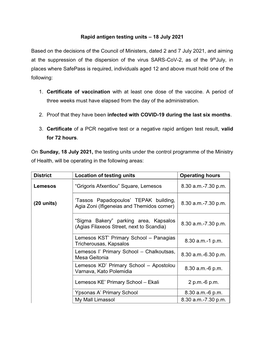 Rapid Antigen Testing Units – 18 July 2021 Based on the Decisions of The