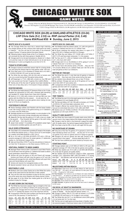 CHICAGO WHITE SOX GAME NOTES Chicago White Sox  Media Relations Departmentgame  333 W