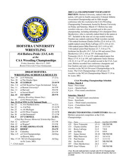 HOFSTRA UNIVERSITY WRESTLING STATISTICS the Pride (13-5, 6-0)