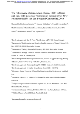 Hume, 1878) in Oman and Iran, with Molecular Resolution of the Identity of Strix Omanensis Robb, Van Den Berg and Constantine, 2013