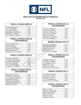 2020-21 NFL on CBS BROADCAST SCHEDULE (All Times ET)