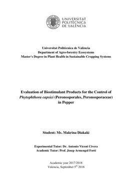 Evaluation of Biostimulant Products for the Control of Phytophthora Capsici (Peronosporales, Peronosporaceae) in Pepper