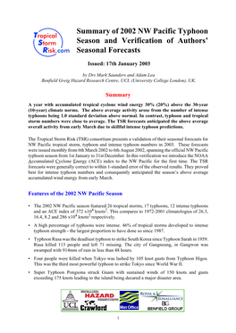 Summary of 2002 NW Pacific Typhoon Season and Verification of Authors’ Seasonal Forecasts
