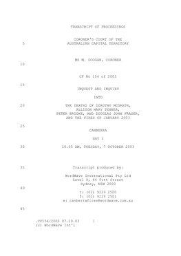 Transcript of Proceedings Coroner's Court of The