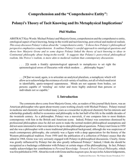 Comprehension and the “Comprehensive Entity”: Polanyi's