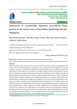 Assessment of Economically Important Invertebrate Fauna Present in the Coastal Areas of San Pablo, Zamboanga Del Sur, Philippines