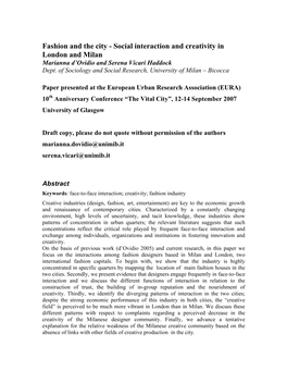 Fashion and the City - Social Interaction and Creativity in London and Milan Marianna D’Ovidio and Serena Vicari Haddock Dept