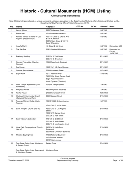 Historic - Cultural Monuments (HCM) Listing City Declared Monuments