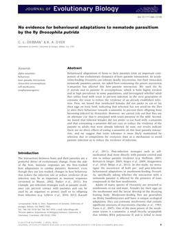 No Evidence for Behavioural Adaptations to Nematode Parasitism by the ﬂy Drosophila Putrida