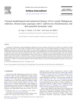 Unusual Morphological and Anatomical Features of Two Woody Madagascan Endemics, Streptocarpus Papangae and S. Suffruticosus