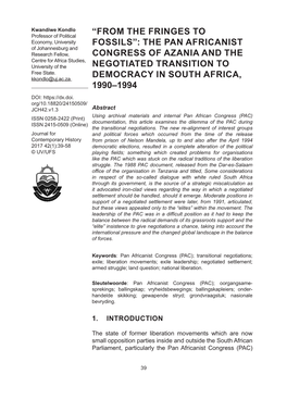 The Pan Africanist Congress of Azania and the Negotiated Transition To