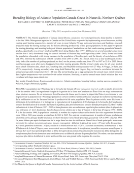 Breeding Biology of Atlantic Population Canada Geese in Nunavik, Northern Québec RICHARD C