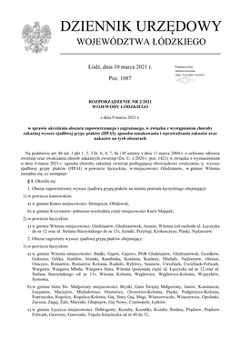Rozporządzenie Nr 2/2021 Wojewody Łódzkiego Z Dnia 9 Marca 2021 R