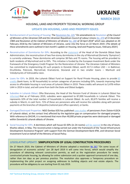 Ukraine March 2019 Housing, Land and Property Technical Working Group Update on Housing, Land and Property Issues