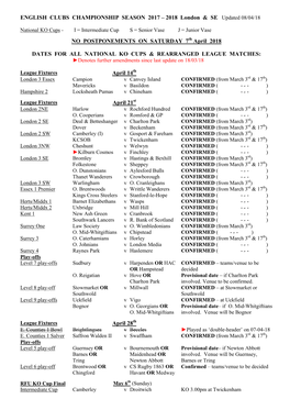 ENGLISH CLUBS CHAMPIONSHIP SEASON 2017 – 2018 London & SE Updated 08/04/18