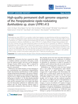 High-Quality Permanent Draft Genome Sequence of the Parapiptadenia Rigida-Nodulating Burkholderia Sp. Strain UYPR1.413 Sofie E