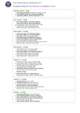 The Championships, Wimbledon 2017 Intended Order Of