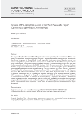 Revision of the Baeoglena Species of the West Palaearctic Region (Coleoptera: Staphylinidae: Aleocharinae)