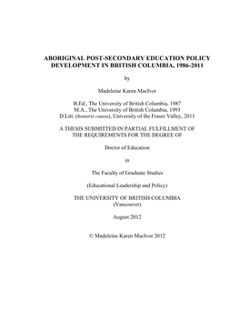 Aboriginal Post-Secondary Education Policy Development in British Columbia, 1986-2011