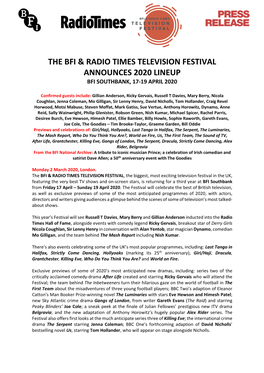 The Bfi & Radio Times Television Festival Announces 2020