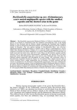 Bucklandiella Angustissima Sp. Nov. (Grimmiaceae), a New Austral Amphipacific Species with the Smallest Capsules and the Shortest Setae in the Genus