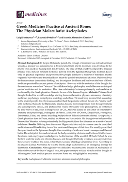 Greek Medicine Practice at Ancient Rome: the Physician Molecularist Asclepiades