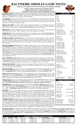 BALTIMORE ORIOLES GAME NOTES Oriole Park at Camden Yards  333 West Camden Street  Baltimore, MD 21201