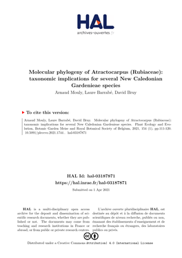 Molecular Phylogeny of Atractocarpus (Rubiaceae): Taxonomic Implications for Several New Caledonian Gardenieae Species Arnaud Mouly, Laure Barrabé, David Bruy