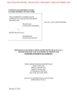 UNITED STATES DISTRICT COURT EASTERN DISTRICT of NEW YORK WILLIAMSBURG CLIMBING GYM COMPANY LLC and FIFTH CONCERTO HOLDCO, INC