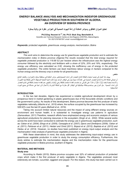 Energy Balance Analysis and Mechanization Indexfor Greenhouse Vegetable Production in Southern of Algeria
