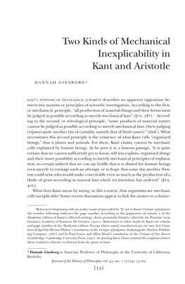 Two Kinds of Mechanical Inexplicability in Kant and Aristotle